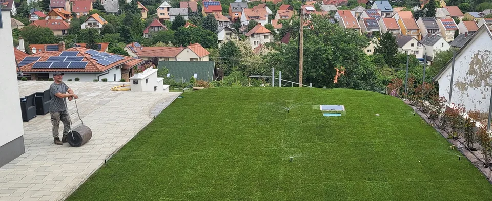 Működő szórófejes öntözés egy frissen kialakított kertben